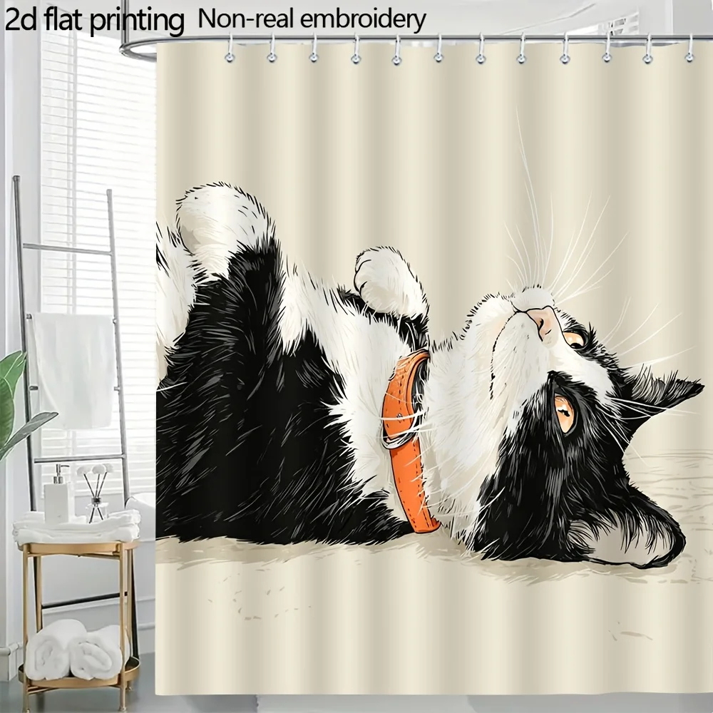 Funny Black and White Cat Shower Curtain, Playful Kitten Lying on Back, Orange Collar, Animal Print Bathroom Decor
Funny Black and White Cat Shower Curtain, Playful Kitten Lying on Back, Orange Collar, Animal Print Bathroom Decor