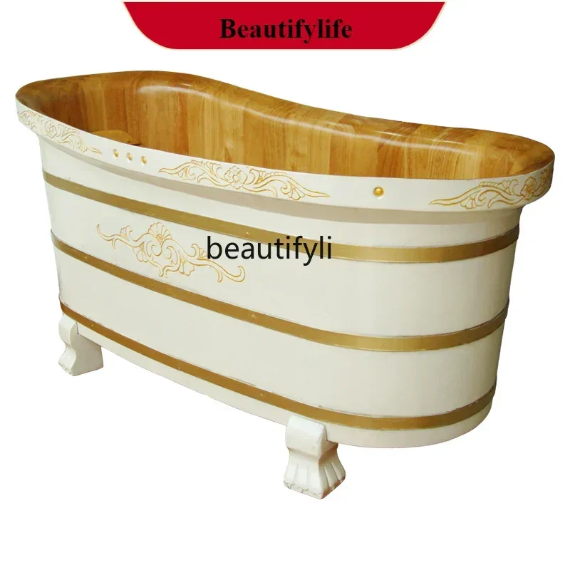 Large Adult Wooden Bathtub Ivory White Solid Wood Bath Barrel for Household Use Relaxing Home Spa Experience 
Large Adult Wooden Bathtub Ivory White Solid Wood Bath Barrel for Household Use Relaxing Home Spa Experience