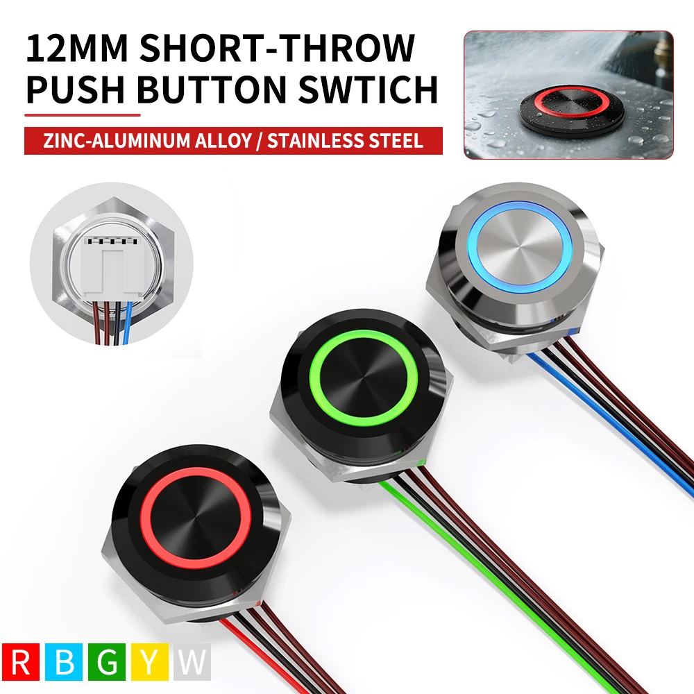 12mm Mini Metal LED Push Button Switch IP67 Waterproof Momentary 5-12-24V Short Stroke Push Button with Quick Connect Terminals
12mm Mini Metal LED Push Button Switch IP67 Waterproof Momentary 5-12-24V Short Stroke Push Button with Quick Connect Terminals