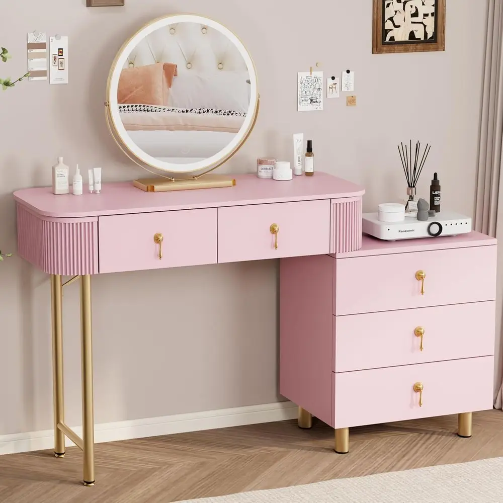 Makeup Vanity Desk with Mirror, Lights, and 5 Drawers for Girls' Bedroom in Pink
Makeup Vanity Desk with Mirror, Lights, and 5 Drawers for Girls' Bedroom in Pink