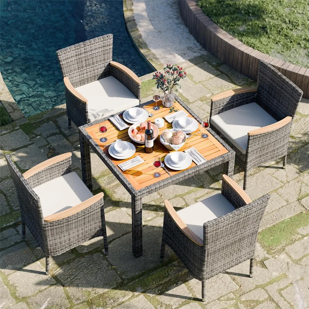 5 Pieces Outdoor Patio Dining Set, Wicker Patio Furniture Set with Wood Table and 4 Chairs with Soft Cushions for Yard, Garden
5 Pieces Outdoor Patio Dining Set, Wicker Patio Furniture Set with Wood Table and 4 Chairs with Soft Cushions for Yard, Garden