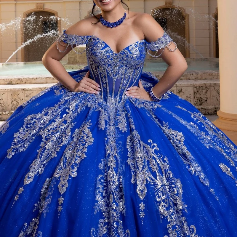 Royal Blue Quinceanera Dress off-shoulder Silvery Glitter Crystal Decal Lace Long tail vestidos de 15 Quinceanera Customize
Royal Blue Quinceanera Dress off-shoulder Silvery Glitter Crystal Decal Lace Long tail vestidos de 15 Quinceanera Customize