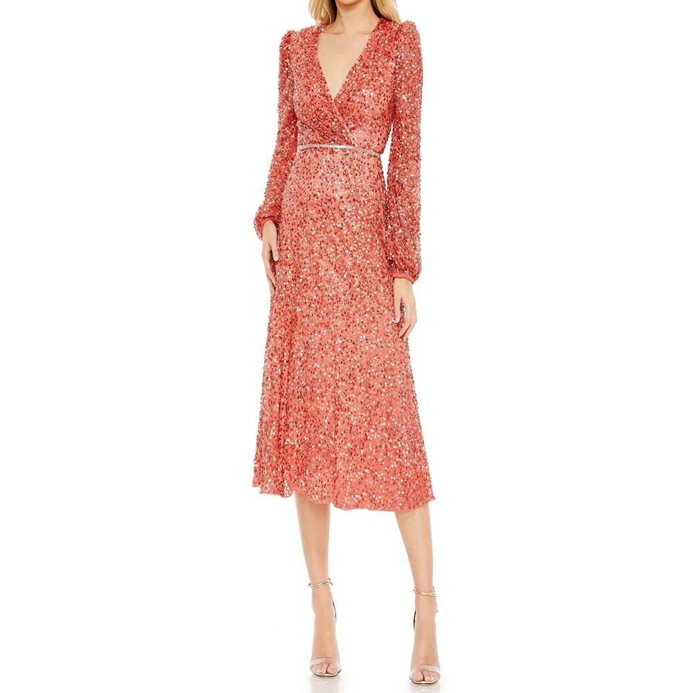 Women's A-line Cocktail Dresses Tea-length V-neck Full Sleeve Prom Gown Simple Fashion Sequined Draped Customized Gowns
Women's A-line Cocktail Dresses Tea-length V-neck Full Sleeve Prom Gown Simple Fashion Sequined Draped Customized Gowns