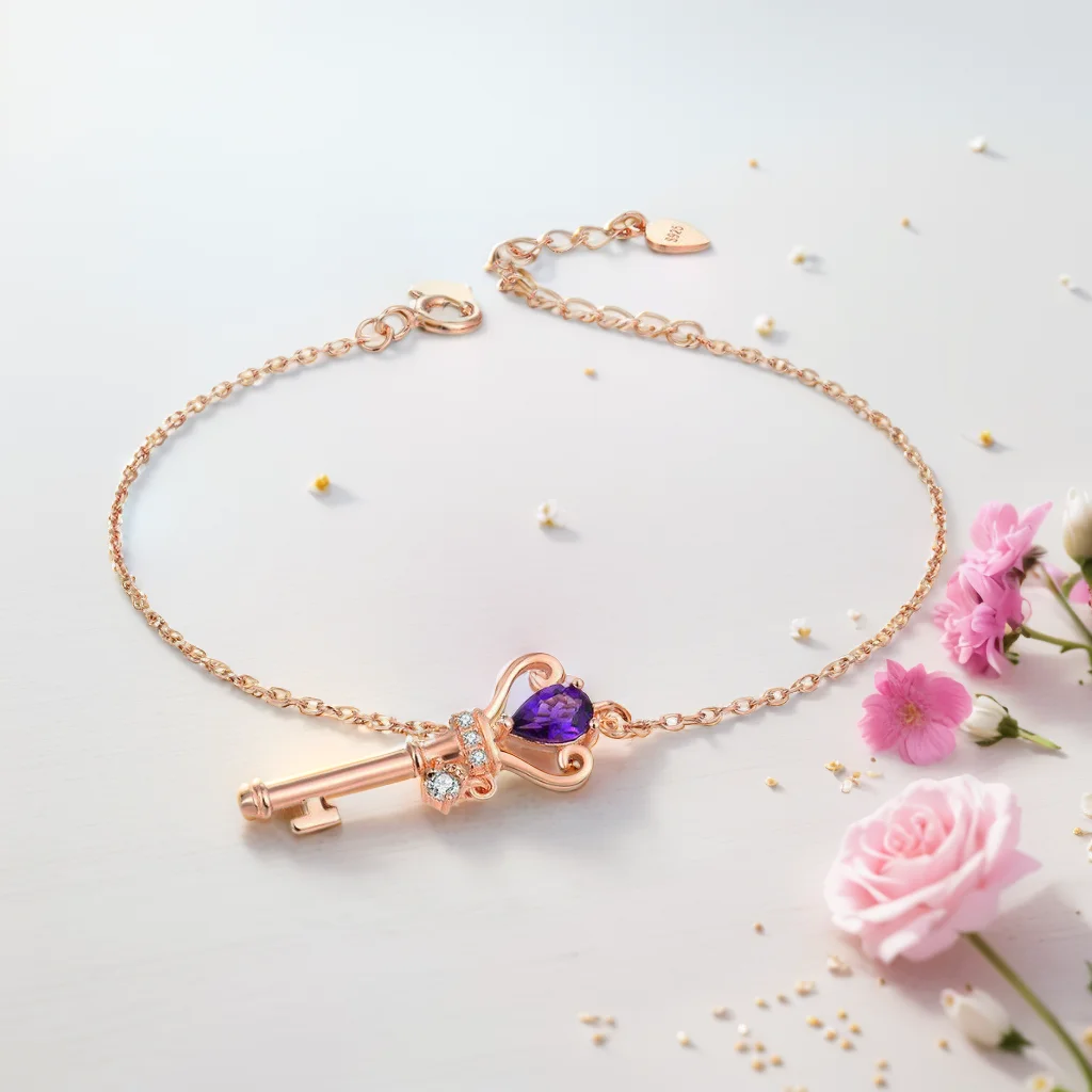 Elegant 925 Silver Bracelet with Natural Amethyst 0.4ct Teardrop and Key Charm Rose Gold Plated for Fashionable Jewelry Lovers
Elegant 925 Silver Bracelet with Natural Amethyst 0.4ct Teardrop and Key Charm Rose Gold Plated for Fashionable Jewelry Lovers