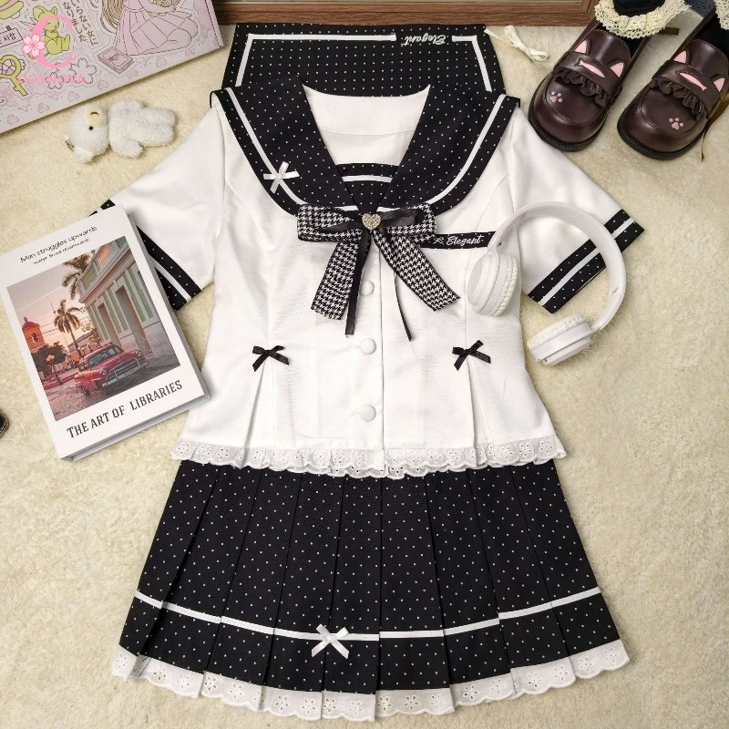 Japanese Loglita Sailor Collar 2 Piece Set Women Sweet Bow Design Top+ Pleated Mini Skirt Cute College JK Uniform Summer Suit
Japanese Loglita Sailor Collar 2 Piece Set Women Sweet Bow Design Top+ Pleated Mini Skirt Cute College JK Uniform Summer Suit