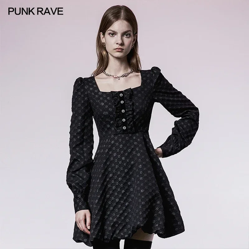 PUNK RAVE Women's "Light Weight Waste Soil" Series Square Neck Playful Texture Floret Collect Waist Bud Sexy Black Dress A-LINE
PUNK RAVE Women's "Light Weight Waste Soil" Series Square Neck Playful Texture Floret Collect Waist Bud Sexy Black Dress A-LINE