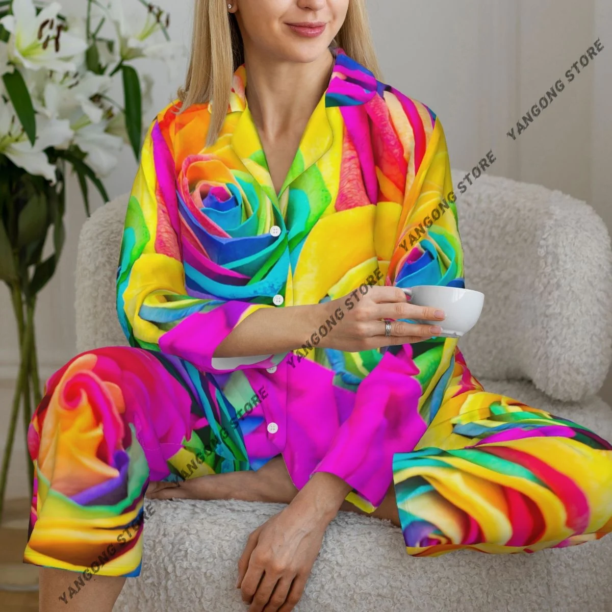 Spring and Autumn Pajama Set Women's Long Sleeve Pants Two Piece Colorful Roses Romantic Home Furnishing Set
Spring and Autumn Pajama Set Women's Long Sleeve Pants Two Piece Colorful Roses Romantic Home Furnishing Set
