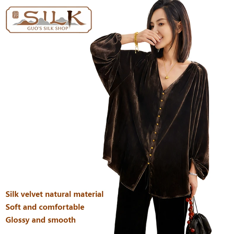 High-end Natural Silk Velvet Women's Shirt with Pendulum Sleeves, V-Neck, Single Button, Loose Top, Large Size, Fashion Casual
High-end Natural Silk Velvet Women's Shirt with Pendulum Sleeves, V-Neck, Single Button, Loose Top, Large Size, Fashion Casual