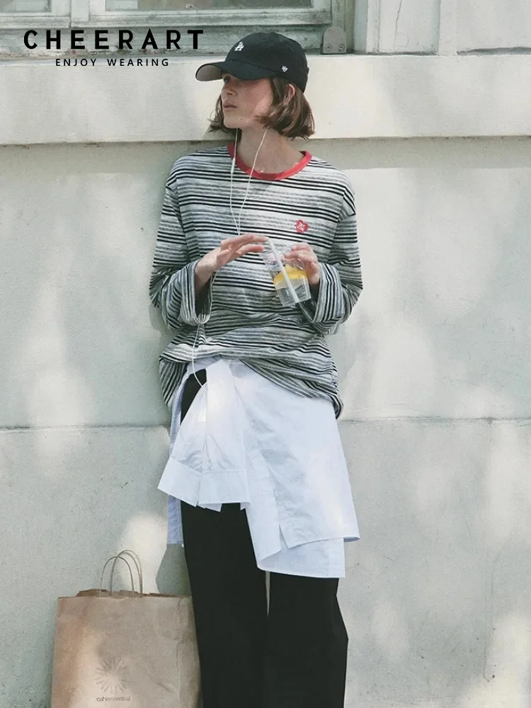CHEERART Autumn 2025 Striped Tops For Woman Long Sleeve T Shirt Oversized Tshirt Baggy Grey Fashion Tees Fall Clothes
CHEERART Autumn 2025 Striped Tops For Woman Long Sleeve T Shirt Oversized Tshirt Baggy Grey Fashion Tees Fall Clothes