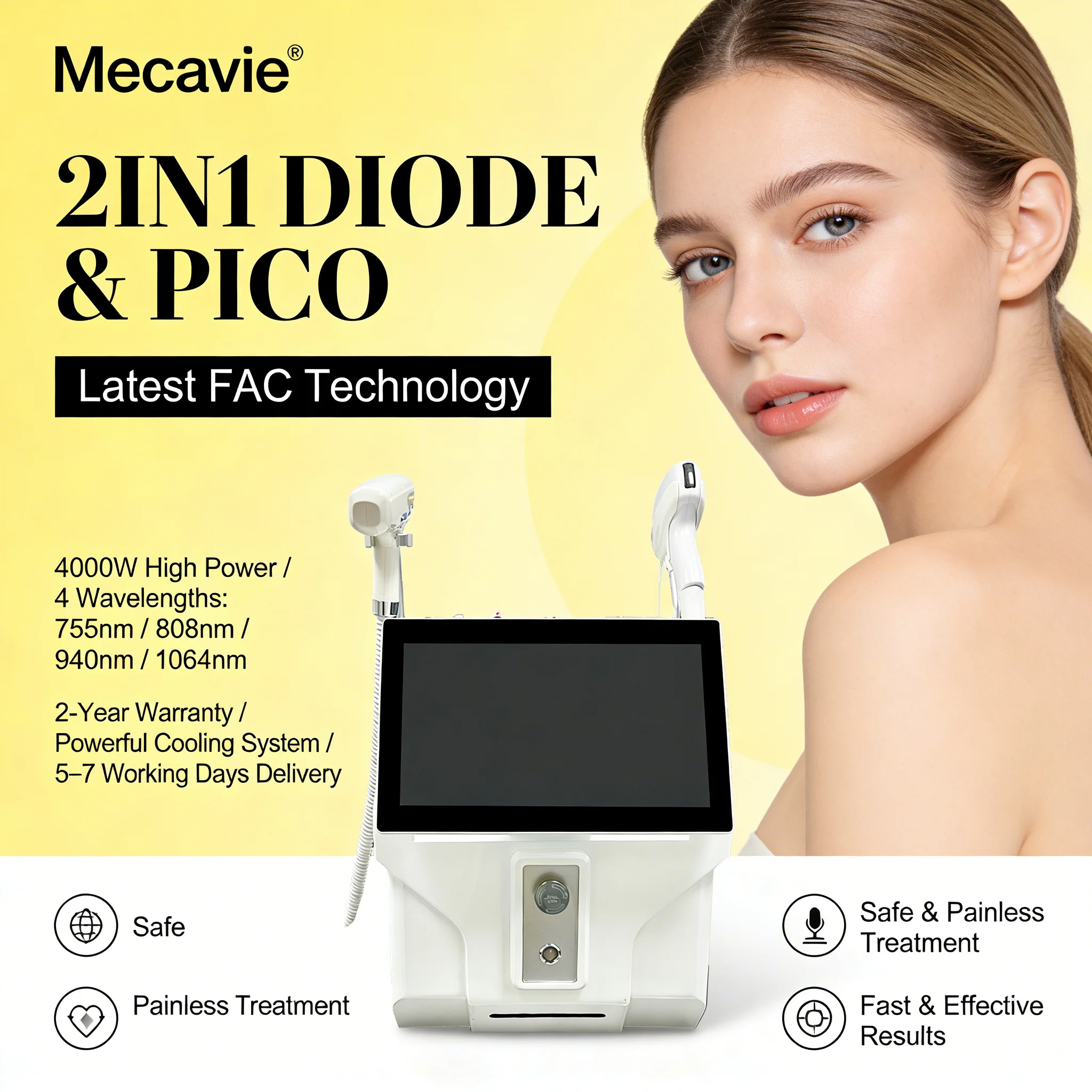 Премиум-аппарат 2-в-1: диодный и пикосекундный лазер (755, 808, 940, 1064 нм, 4000 Вт) с охлаждающей насадкой для безболезненного удаления волос и татуировок
Премиум-аппарат 2-в-1: диодный и пикосекундный лазер (755, 808, 940, 1064 нм, 4000 Вт) с охлаждающей насадкой для безболезненного удаления волос и татуировок