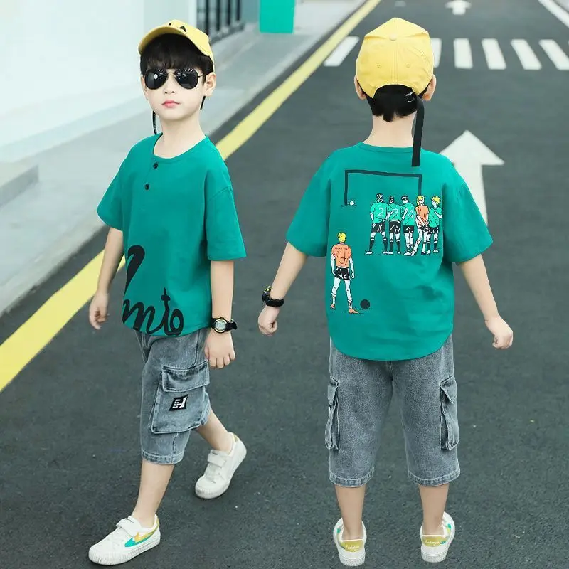 Cartoon Print Short-sleeved Denim Shorts Home Clothing Boys Outfit Set Casual Clothes Children's Rash Guard T-shirt Boy Kids Top
Cartoon Print Short-sleeved Denim Shorts Home Clothing Boys Outfit Set Casual Clothes Children's Rash Guard T-shirt Boy Kids Top