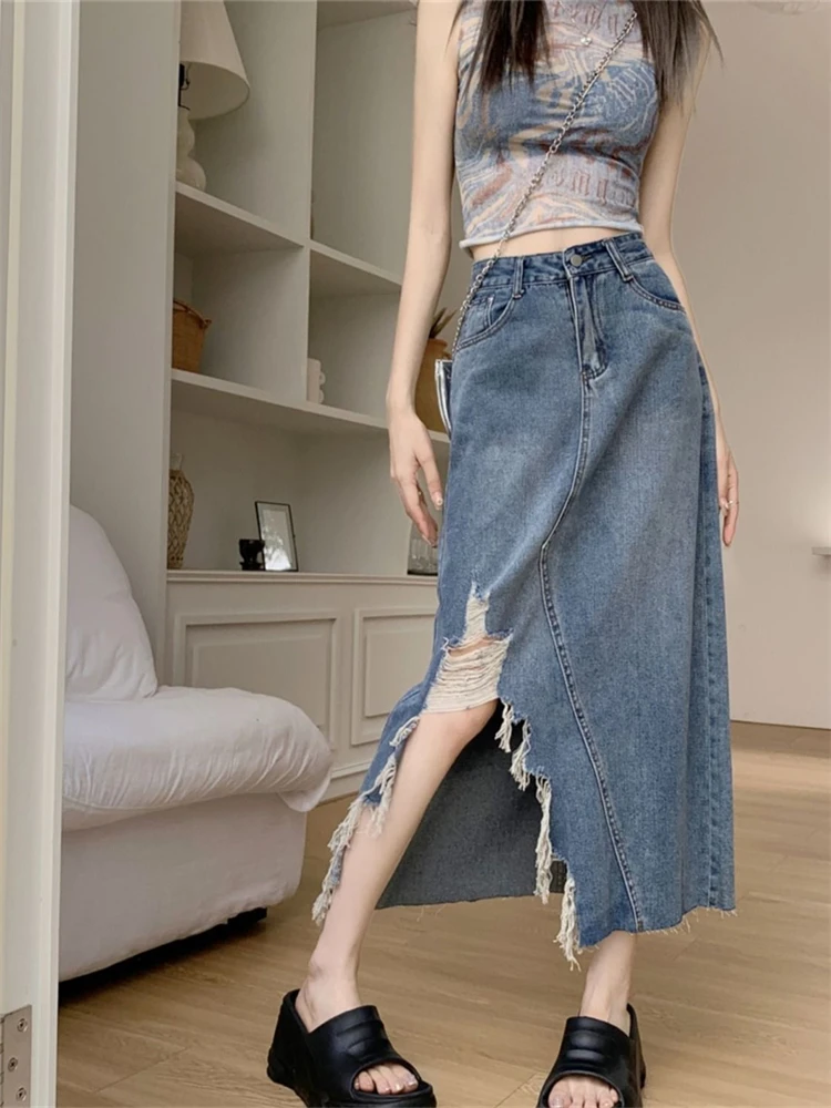 Women's Irregular Damage Ankle-length Denim Skirt Cool Girl Vintage Fashion Summer Female Street Style A-line Long Large Skirts
Women's Irregular Damage Ankle-length Denim Skirt Cool Girl Vintage Fashion Summer Female Street Style A-line Long Large Skirts