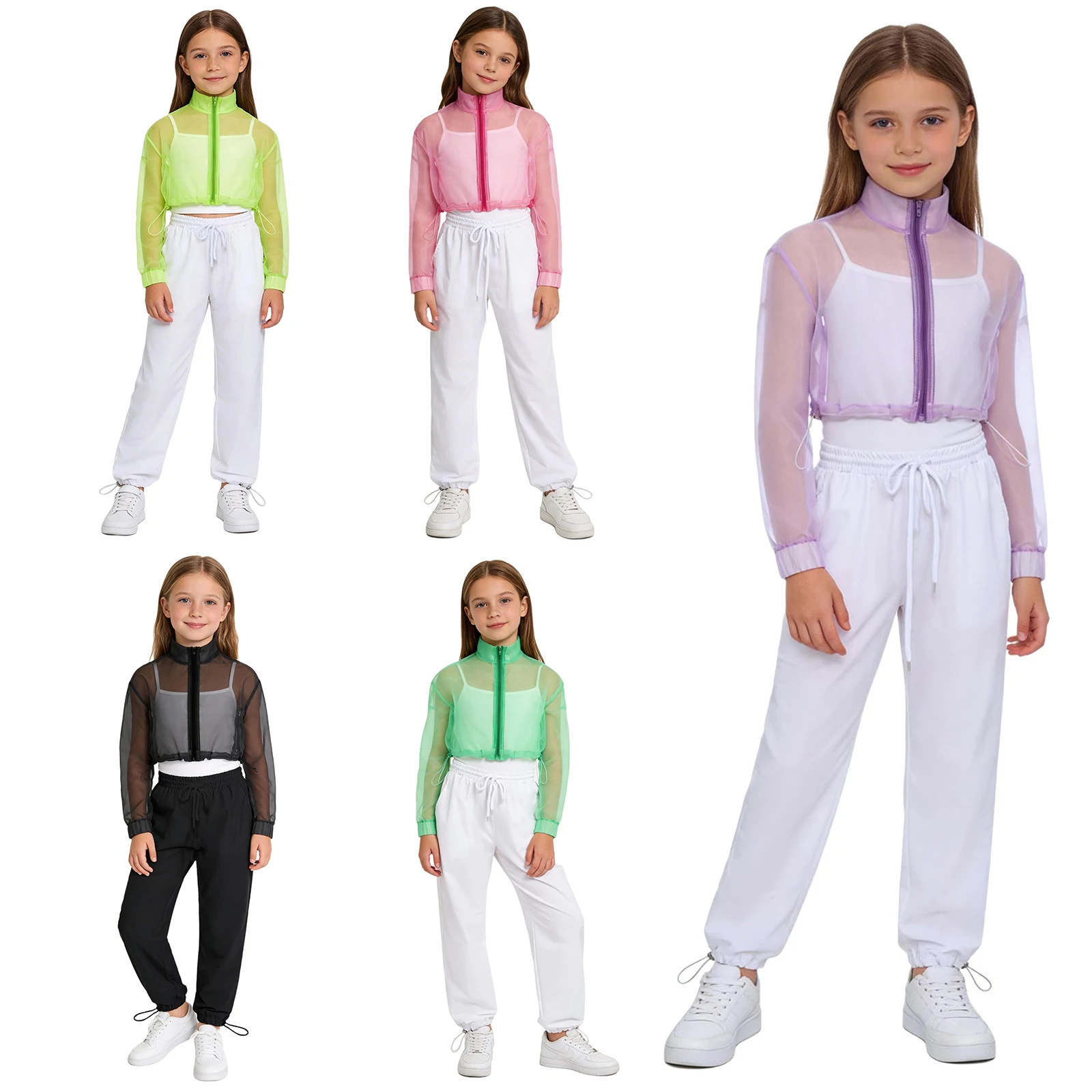 Girls Hip Hop Jazz Dance Outfits Semi-Sheer Long Sleeve Zipper Mesh Crop Top Outwear with Pants Streetwear Sportswear Tracksuits
Girls Hip Hop Jazz Dance Outfits Semi-Sheer Long Sleeve Zipper Mesh Crop Top Outwear with Pants Streetwear Sportswear Tracksuits