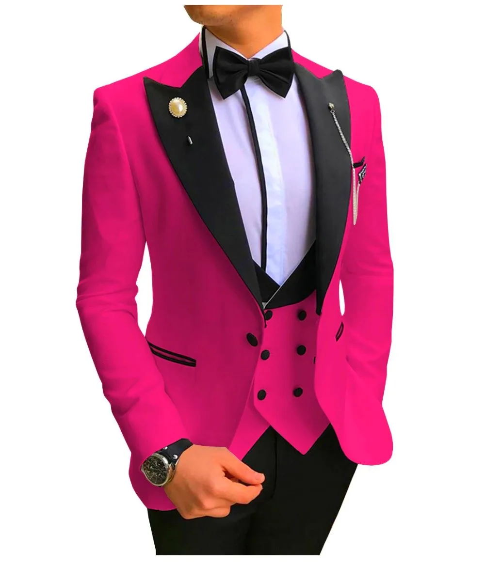 One Button Men Suits Hot Pink and Black Groom Tuxedos Peak Lapel Groomsmen Wedding 3 Pieces ( Jacket+Pants+Vest)
One Button Men Suits Hot Pink and Black Groom Tuxedos Peak Lapel Groomsmen Wedding 3 Pieces ( Jacket+Pants+Vest)