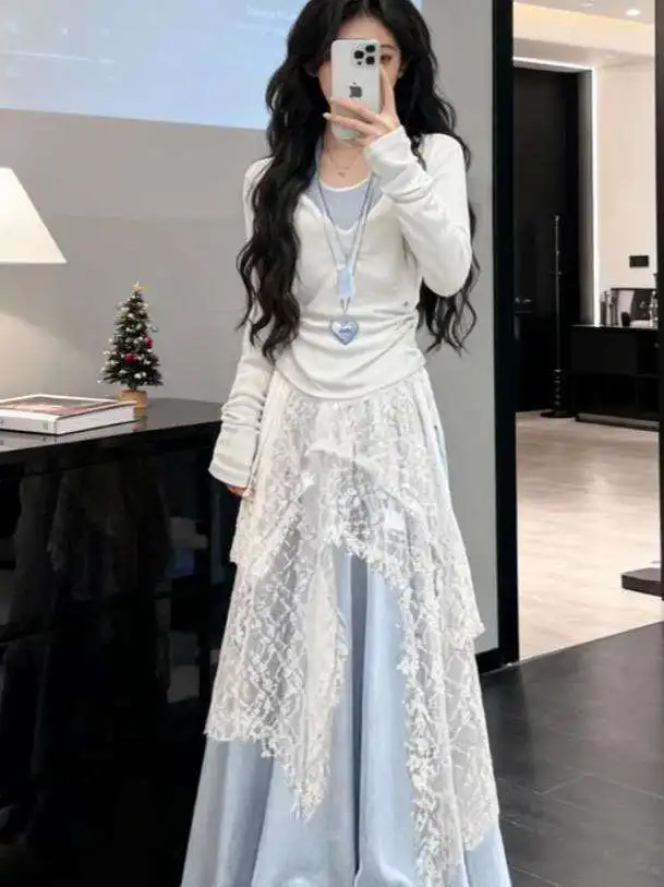 Korean Style Dopamine Spring Autumn Women's Long Sleeve Base Layer Wide Leg Pants Lace Skirt Overlap Casual Fashion Set
Korean Style Dopamine Spring Autumn Women's Long Sleeve Base Layer Wide Leg Pants Lace Skirt Overlap Casual Fashion Set