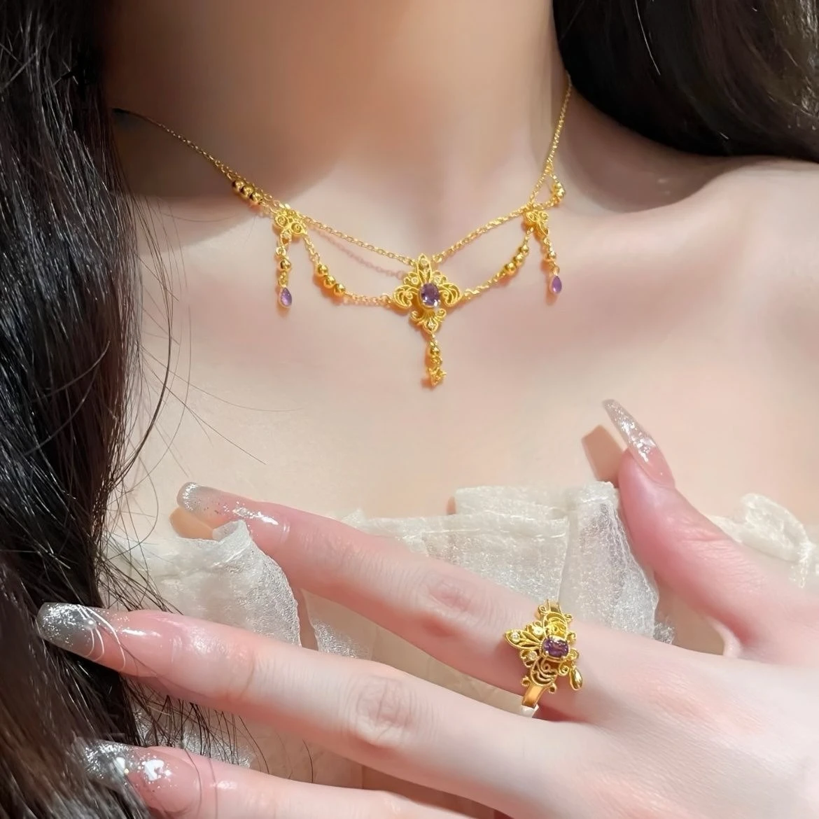 Fashion Kt18 Golden Dot Diamond Purple Iris Necklace for Women Bride Wedding Engagement Pendant Ring Chain Sets Jewelry Not Fade
Fashion Kt18 Golden Dot Diamond Purple Iris Necklace for Women Bride Wedding Engagement Pendant Ring Chain Sets Jewelry Not Fade