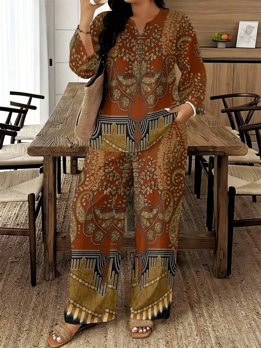 Ethnic-Inspired Orange Brown Printed Loose Two-Piece Set For Women, Breathable Woven Fabric Casual Outfit Spring Summer Autumn
Ethnic-Inspired Orange Brown Printed Loose Two-Piece Set For Women, Breathable Woven Fabric Casual Outfit Spring Summer Autumn