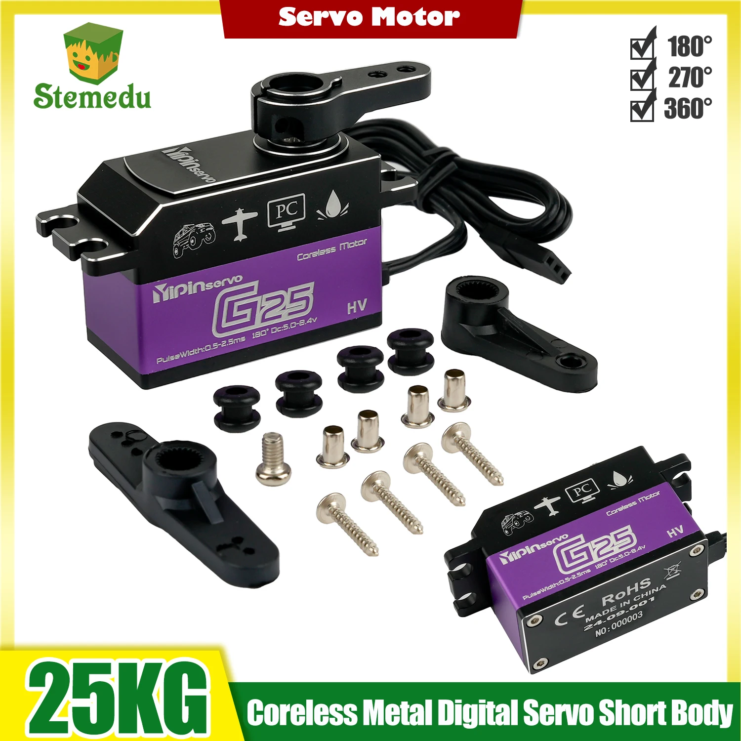 Low-profile 25KG Waterproof RC Servo Coreless Motor Servo YP3325CLS All-metal Steering with 25T Horn For 1/10, 1/12 RC Car
Low-profile 25KG Waterproof RC Servo Coreless Motor Servo YP3325CLS All-metal Steering with 25T Horn For 1/10, 1/12 RC Car