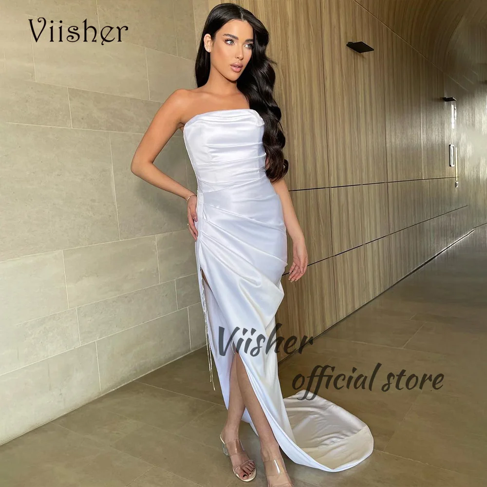 Viisher White Pleats Satin Mermaid Wedding Dresses Strapless Side Split Bridal Gowns Floor Length Wedding Bridesmaid Dress
Viisher White Pleats Satin Mermaid Wedding Dresses Strapless Side Split Bridal Gowns Floor Length Wedding Bridesmaid Dress