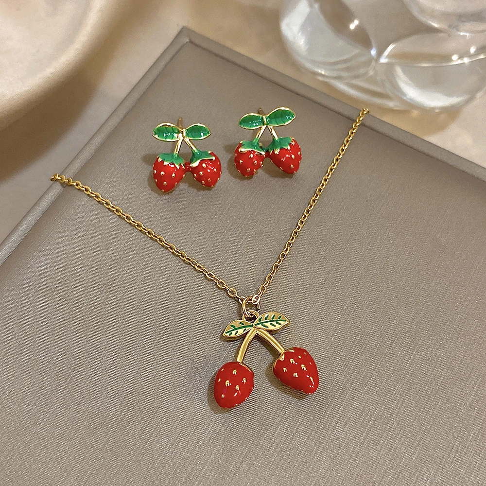 AENSOA Summer Fresh Strawberry Stud Earrings Necklace Creative Enamel Stainless Steel Design Women's Temperament Jewelry 2025 
AENSOA Summer Fresh Strawberry Stud Earrings Necklace Creative Enamel Stainless Steel Design Women's Temperament Jewelry 2025