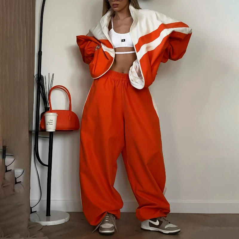 Two Piece Pant Sets Women Striped Jacket Full Sleeve Zipper Coats Patchwork Loose High Waist Wide Leg Pants Sporty Spring
Two Piece Pant Sets Women Striped Jacket Full Sleeve Zipper Coats Patchwork Loose High Waist Wide Leg Pants Sporty Spring