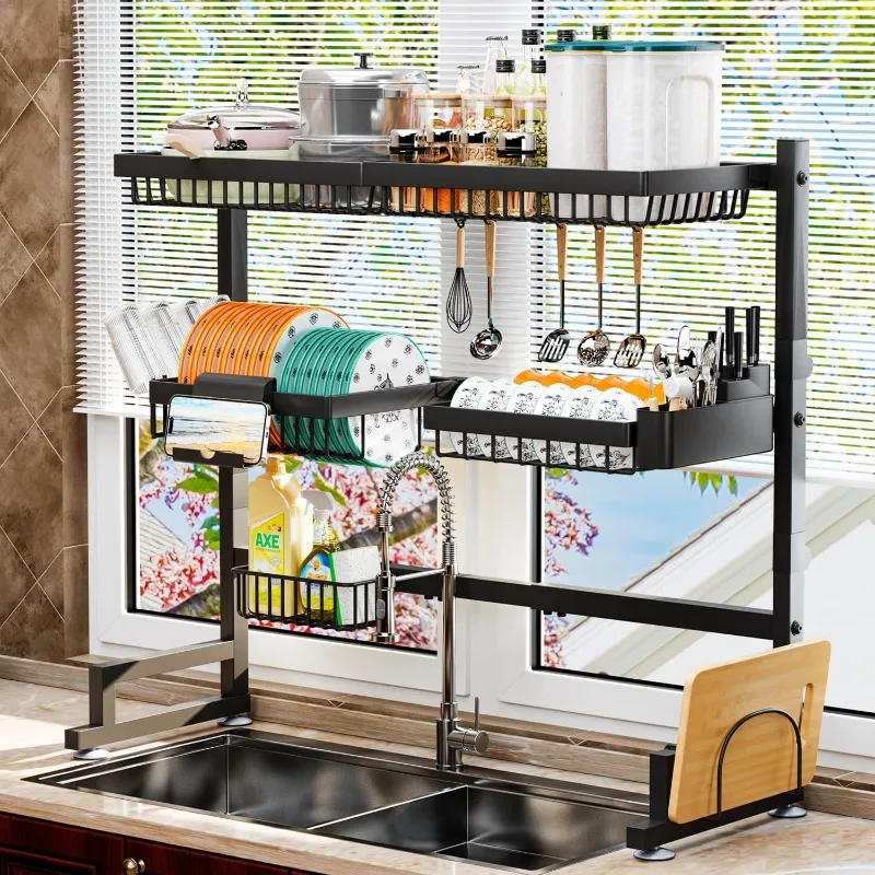 3-Tier Over Sink Dish Draining Rack, Adjustable Width and Height, with Phone Holder, Cup Holder, Knife and Chopstick Holder
3-Tier Over Sink Dish Draining Rack, Adjustable Width and Height, with Phone Holder, Cup Holder, Knife and Chopstick Holder