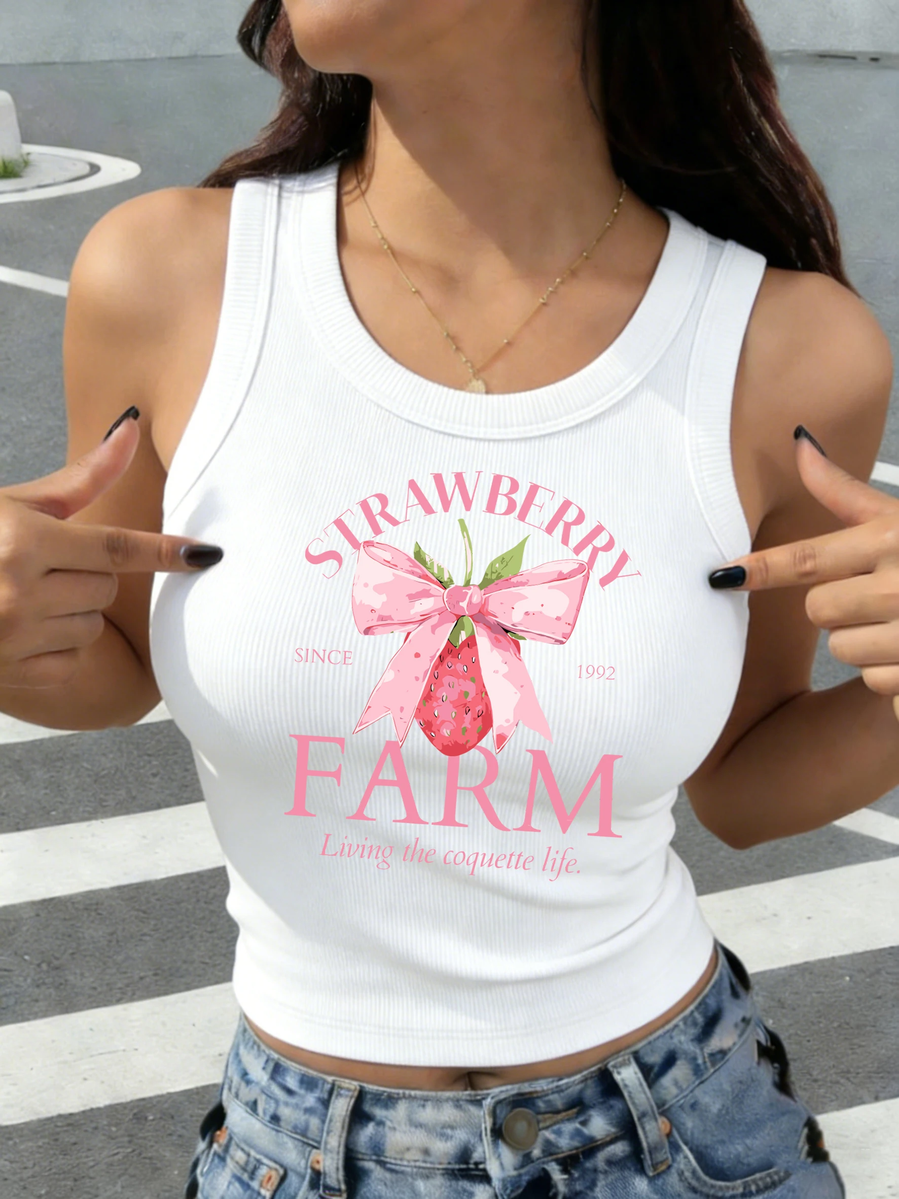 Strawberry Farm Pink Bow Since 1992 Print Korean Vest Women Fitness Fashion Camisole Summer Slim Tank Tops Thread Cotton Clothes
Strawberry Farm Pink Bow Since 1992 Print Korean Vest Women Fitness Fashion Camisole Summer Slim Tank Tops Thread Cotton Clothes