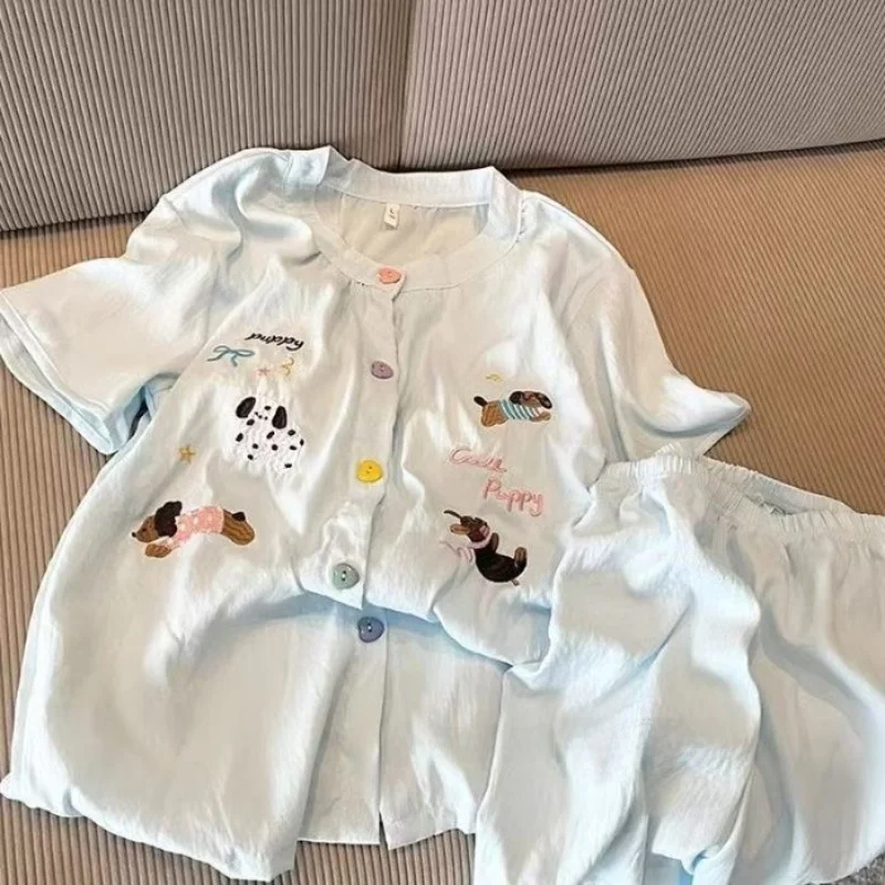 Sweet Cartoon Embroidered Sausage Dog Short Sleeve round Neck Cardigan Short Pants Home Clothes Set for Women Summer Thin Cotton
Sweet Cartoon Embroidered Sausage Dog Short Sleeve round Neck Cardigan Short Pants Home Clothes Set for Women Summer Thin Cotton