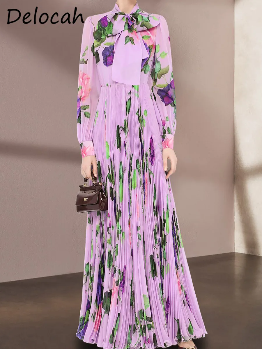Delocah High Quality Spring Women Fashion Runway Pleated Long Dress Lantern Sleeve Bow Purple Flower Print Holiday Maxi Dresses
Delocah High Quality Spring Women Fashion Runway Pleated Long Dress Lantern Sleeve Bow Purple Flower Print Holiday Maxi Dresses