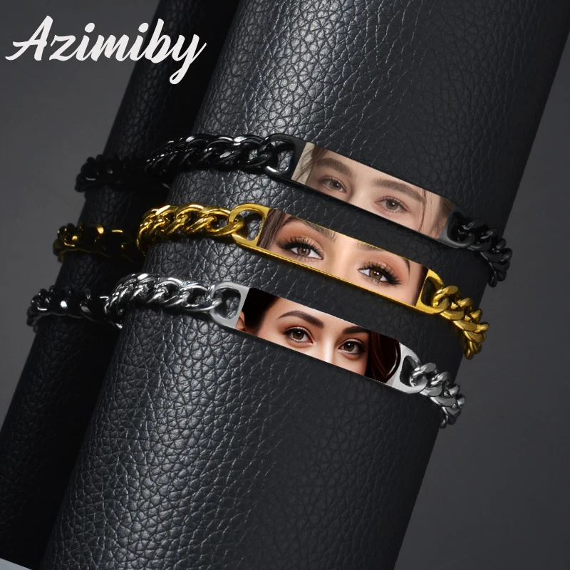 Azimiby Engraving Color Eyes Photos Smooth Strip Bracelets Stainless Steel Thick Cuban Chain Customized Picture Jewelry Gifts
Azimiby Engraving Color Eyes Photos Smooth Strip Bracelets Stainless Steel Thick Cuban Chain Customized Picture Jewelry Gifts