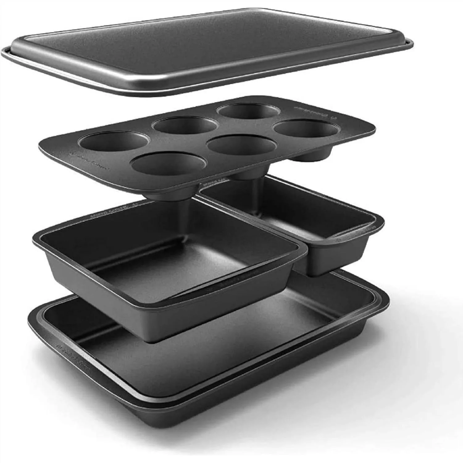 Stackable Baking Set of 5 Pans - Muffin, Roaster, Square, Cookie Sheet, Loaf Pan, Easy Store, Dishwasher Safe
Stackable Baking Set of 5 Pans - Muffin, Roaster, Square, Cookie Sheet, Loaf Pan, Easy Store, Dishwasher Safe