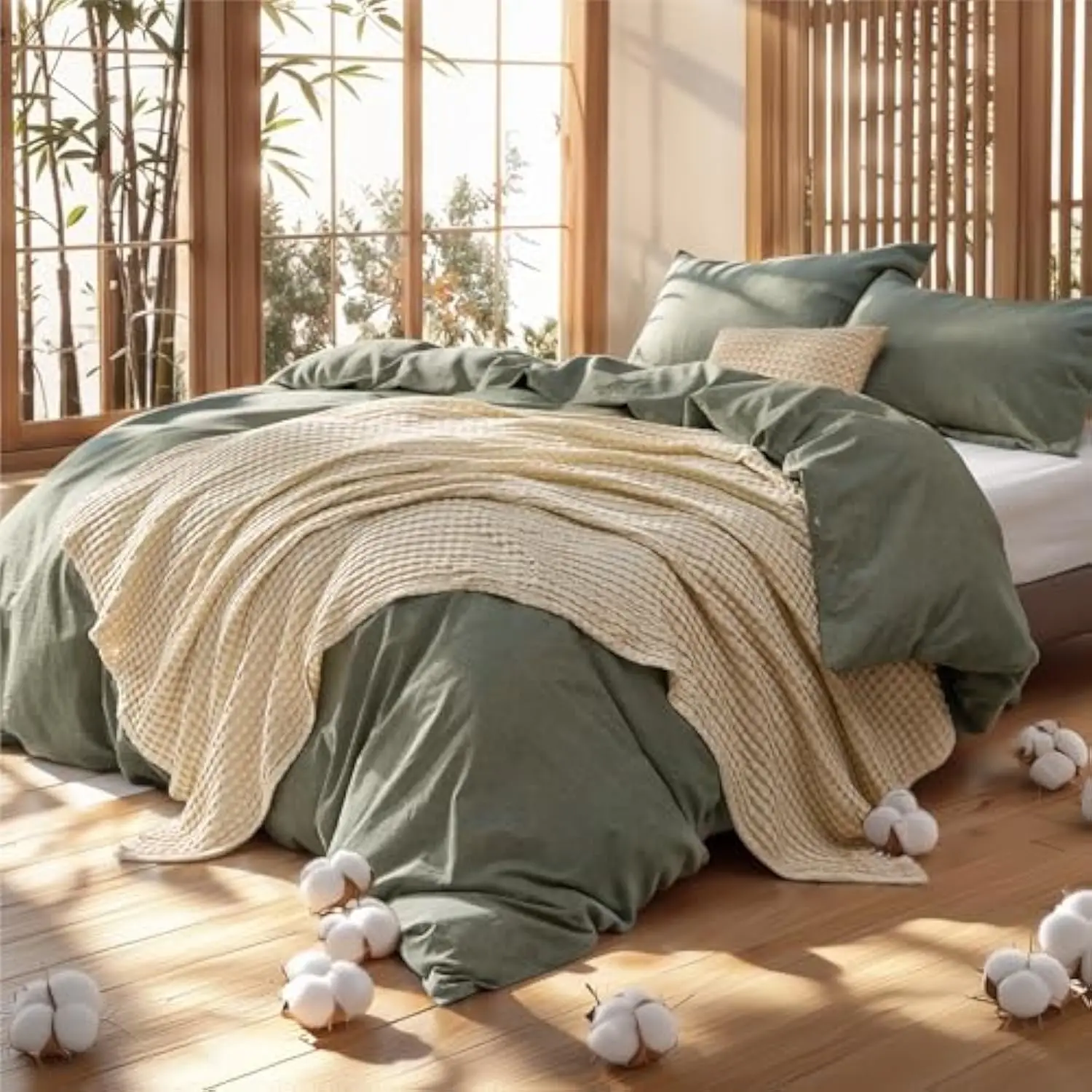 5 PCS Cotton Comforter Set with Cotton Waffle Throw Blanket - Olive Green Comforter King Size, Pillow Shams, Beige Cooling Bla
5 PCS Cotton Comforter Set with Cotton Waffle Throw Blanket - Olive Green Comforter King Size, Pillow Shams, Beige Cooling Bla