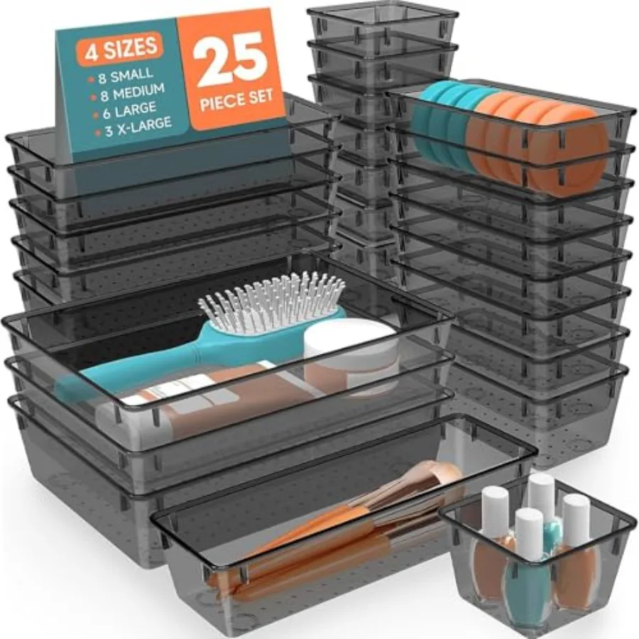 25 PCS Plastic Drawer Organizer Set 4-Size Versatile Organizer Tool Trays and storage Bins for Makeup Jewelry and Gadgets in Ba
25 PCS Plastic Drawer Organizer Set 4-Size Versatile Organizer Tool Trays and storage Bins for Makeup Jewelry and Gadgets in Ba