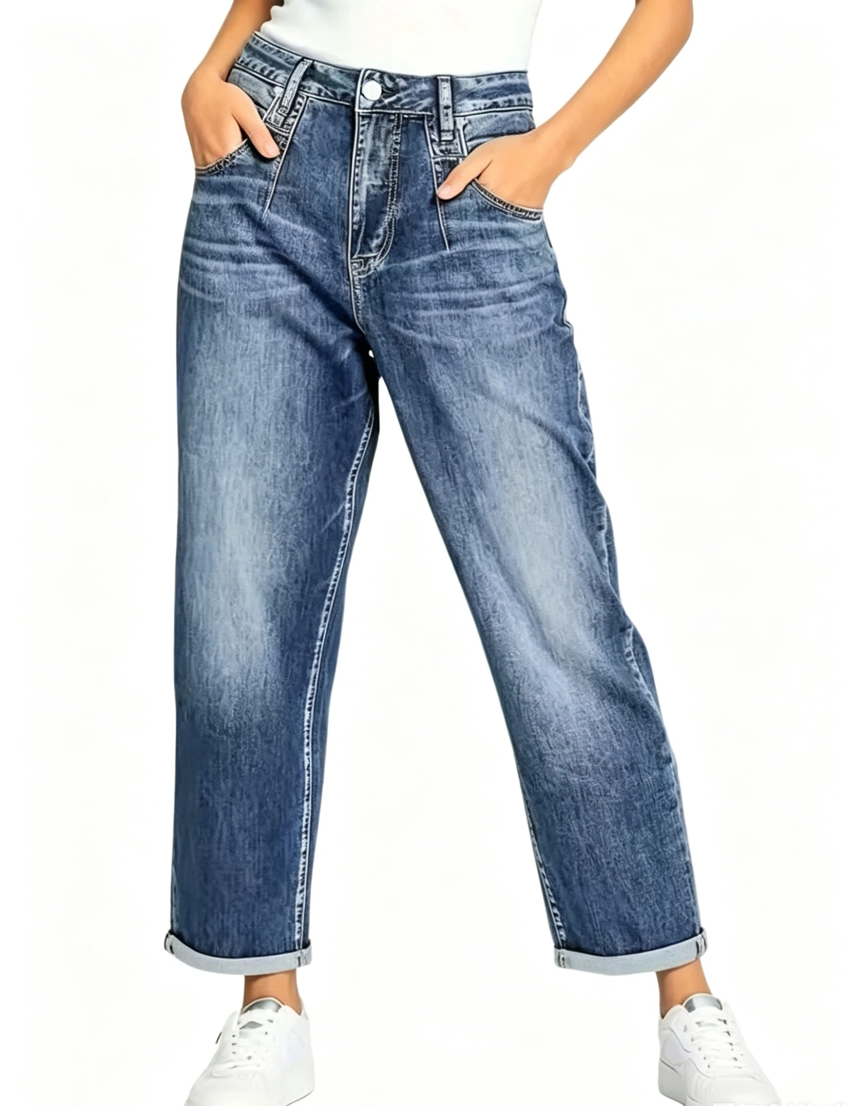 Women's blue high-waisted jeans, relaxed-fit slimming straight-leg cropped jeans with rolled hems
Women's blue high-waisted jeans, relaxed-fit slimming straight-leg cropped jeans with rolled hems