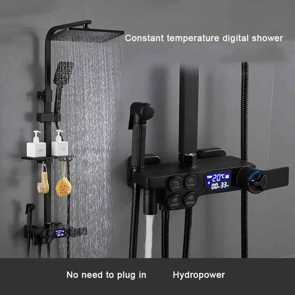 bathroom full copper black shower set, double row button thermostatic digital display 4-speed handheld shower
bathroom full copper black shower set, double row button thermostatic digital display 4-speed handheld shower