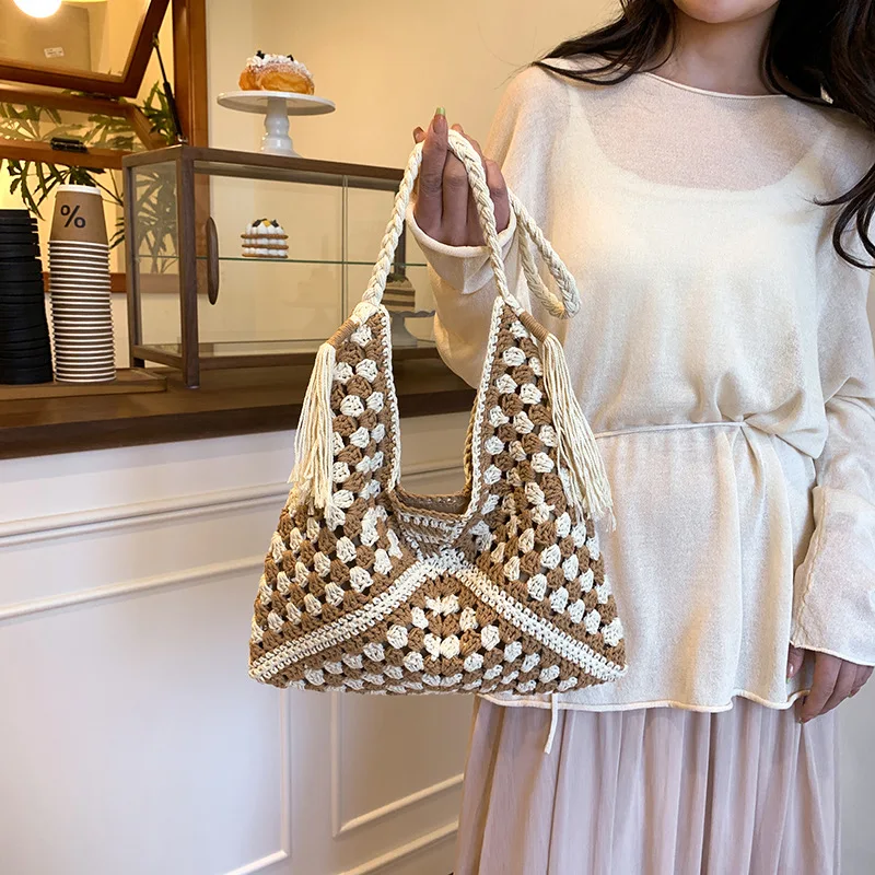 Vintage Crochet Tote Bag Oversized Bohemian Shoulder Bag College Style Knitted Bag
Vintage Crochet Tote Bag Oversized Bohemian Shoulder Bag College Style Knitted Bag