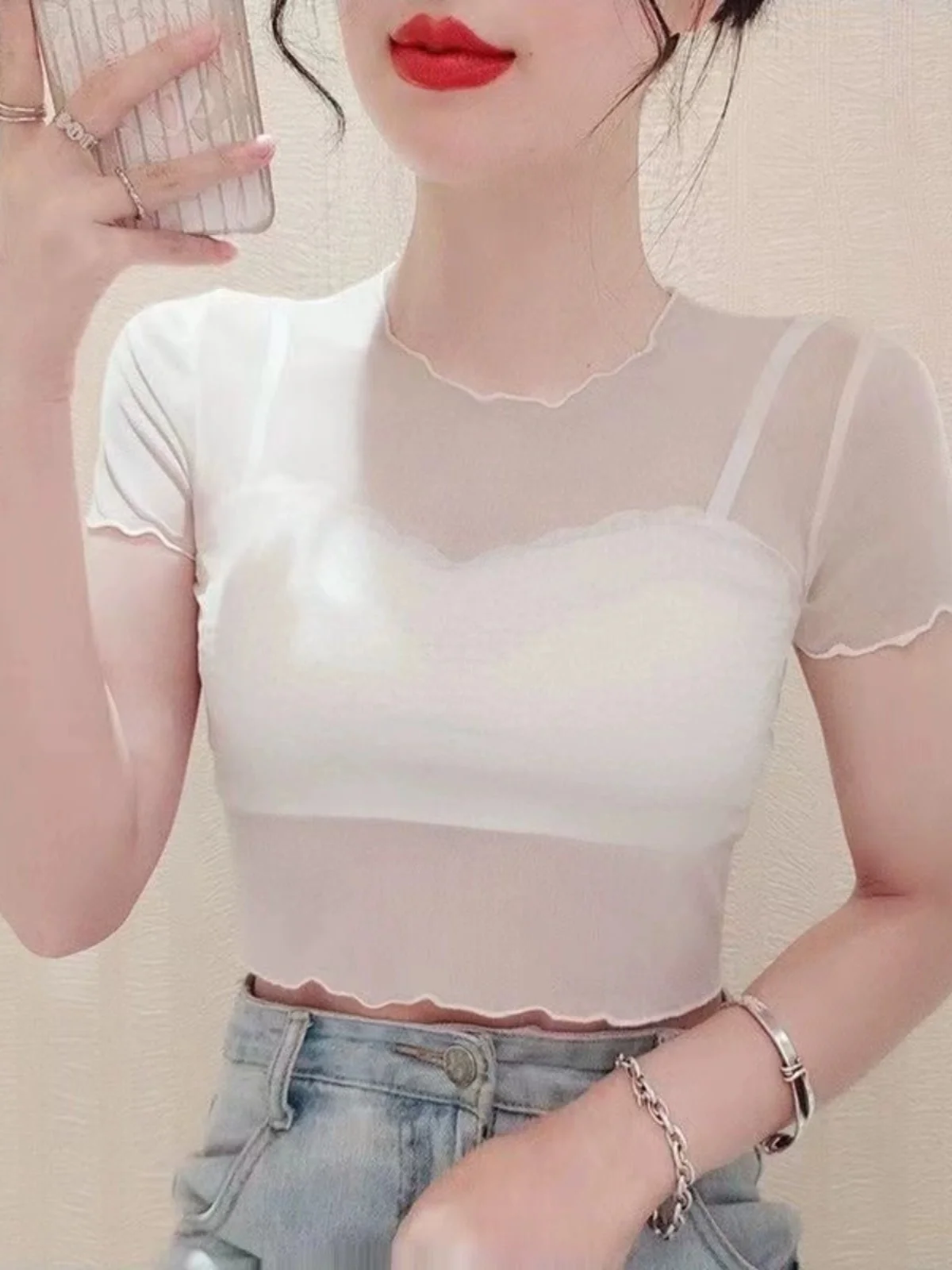 Short Sleeve Women's Camisole Underdress Transparent Net Lace Trim Base Thin Sexy Top Summer Polyester Blend round Neck Short...
Short Sleeve Women's Camisole Underdress Transparent Net Lace Trim Base Thin Sexy Top Summer Polyester Blend round Neck Short...