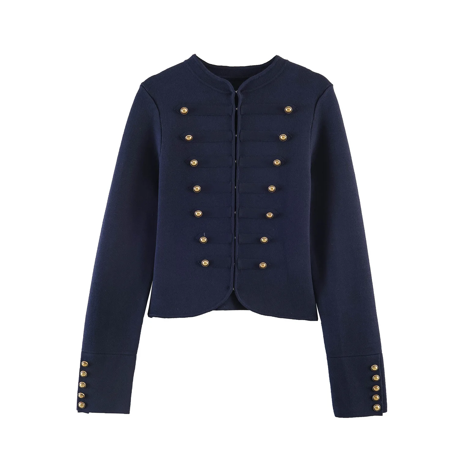 Navy Blue Knit Jacket Crew Neck Decorative Double Row Gold Metal Buttons Cuff Button Detail Slim Cropped Elegant Vintage Coat
Navy Blue Knit Jacket Crew Neck Decorative Double Row Gold Metal Buttons Cuff Button Detail Slim Cropped Elegant Vintage Coat