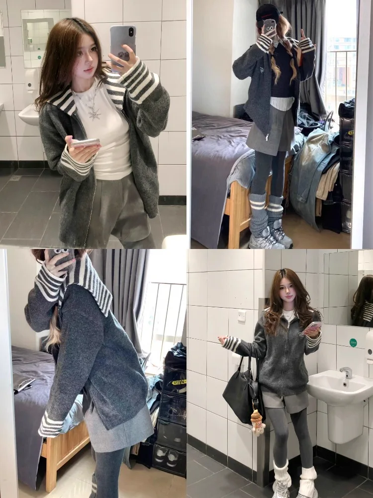 Серый вязаный жакет с темно-синим воротником, женский осенний корейский полосатый кардиган, свитер, топ с длинными рукавами 
Серый вязаный жакет с темно-синим воротником, женский осенний корейский полосатый кардиган, свитер, топ с длинными рукавами