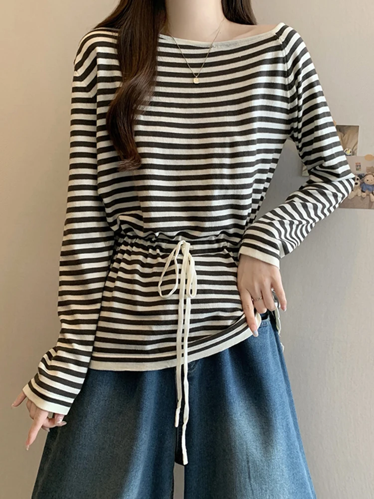 Женская свободная полосатая асимметричная футболка с длинным рукавом, весна 2026, новая модель, с эффектом утяжки талии, универсальный женский топ
Женская свободная полосатая асимметричная футболка с длинным рукавом, весна 2026, новая модель, с эффектом утяжки талии, универсальный женский топ