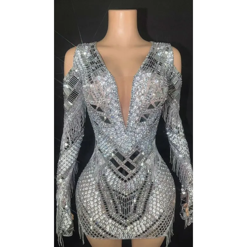 Short Mini Silver Mirrors Women Clothing Formal White Rhinestone Dress Crystal Dress
Short Mini Silver Mirrors Women Clothing Formal White Rhinestone Dress Crystal Dress