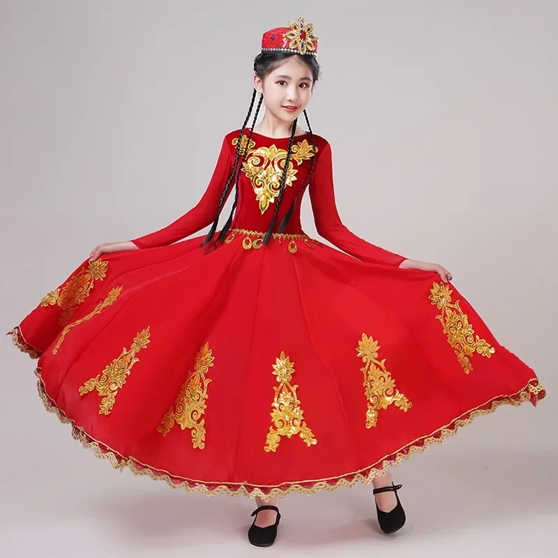 Xinjiang Dance Kids Performance Costumes Girls Stage Wear Uyghur Children Top Skirts Hat Ethnic Style Chinese Folk Girl Costume
Xinjiang Dance Kids Performance Costumes Girls Stage Wear Uyghur Children Top Skirts Hat Ethnic Style Chinese Folk Girl Costume
