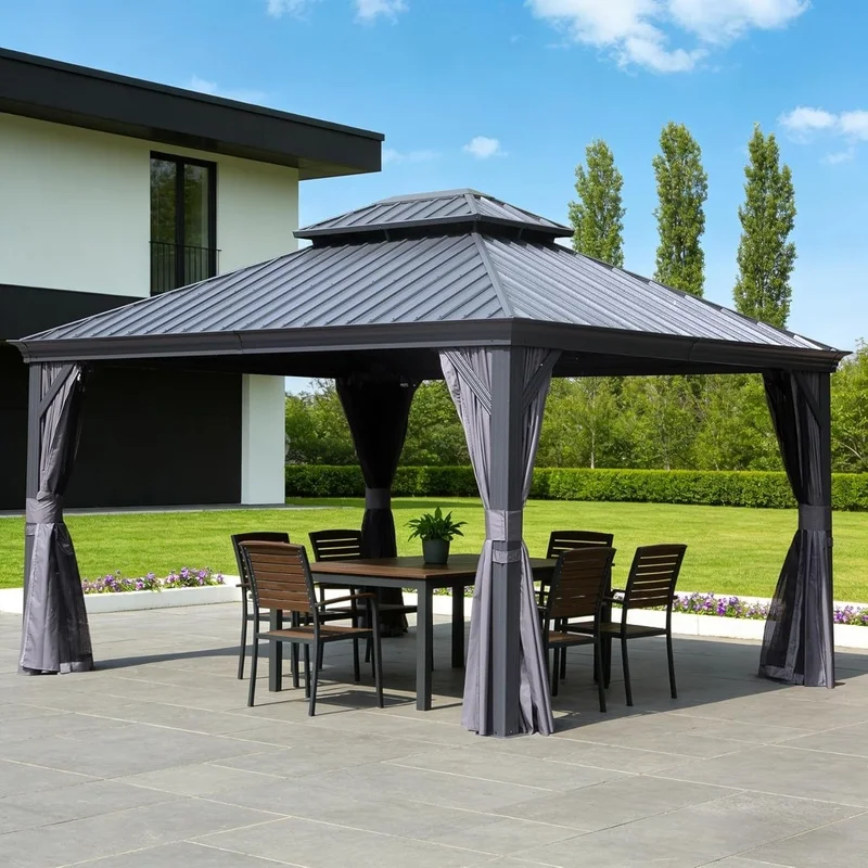 13x15FT Outdoor Hardtop Gazebo with Galvanized Steel Roof, Drainage System, Gray Metal Patio Pergola with Curtain and Netting
13x15FT Outdoor Hardtop Gazebo with Galvanized Steel Roof, Drainage System, Gray Metal Patio Pergola with Curtain and Netting