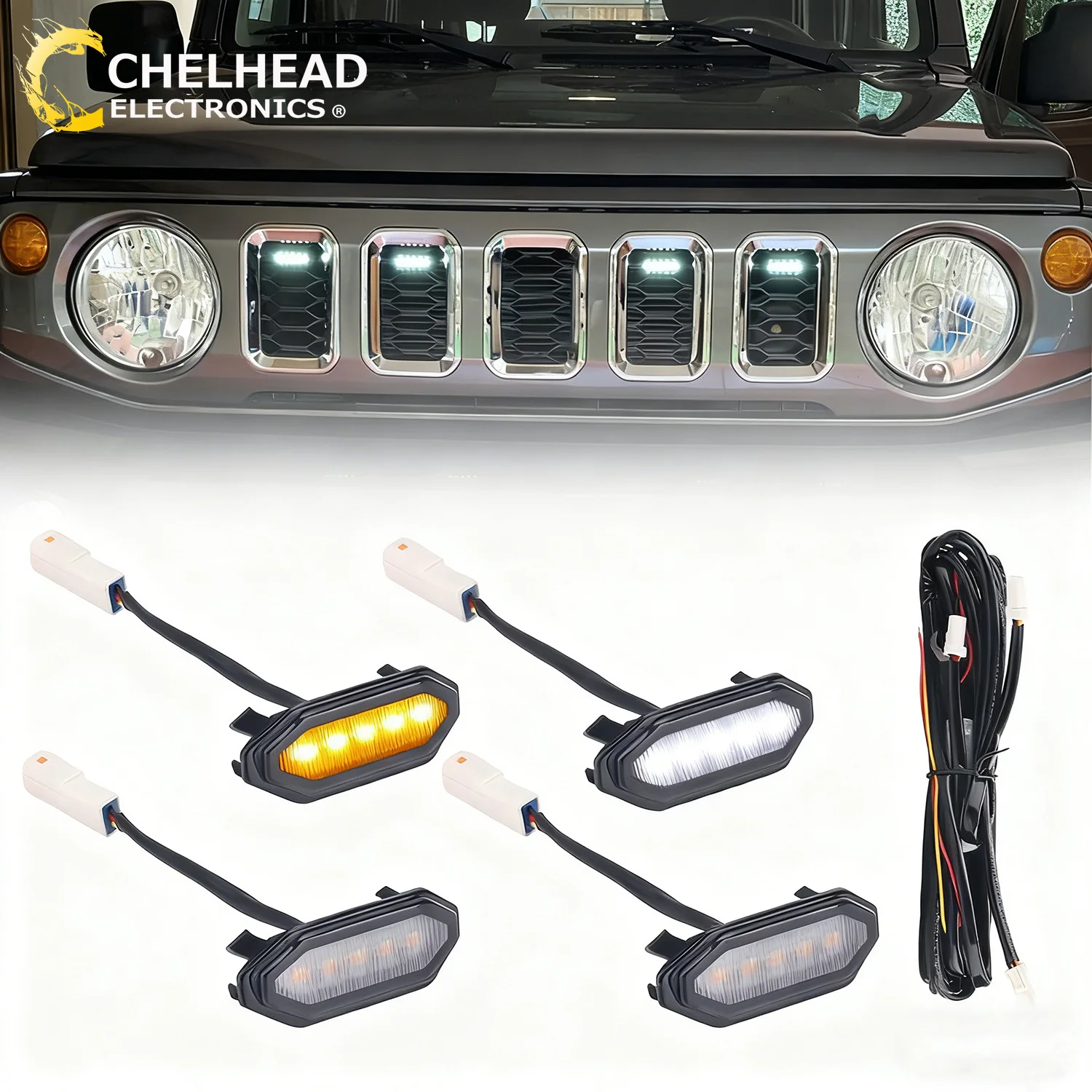 4 шт., передняя решетка, белый/янтарный светильник на центральной решетке, декоративные светильники, совместимые с Suzuki Jimny JB64 JB74 2018-2025
4 шт., передняя решетка, белый/янтарный светильник на центральной решетке, декоративные светильники, совместимые с Suzuki Jimny JB64 JB74 2018-2025