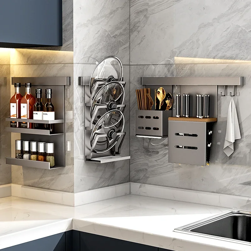 Kitchen shelf punch-free wall-mounted pot holder multifunctional seasoning rack knife holder wall chopsticks storage rack
Kitchen shelf punch-free wall-mounted pot holder multifunctional seasoning rack knife holder wall chopsticks storage rack