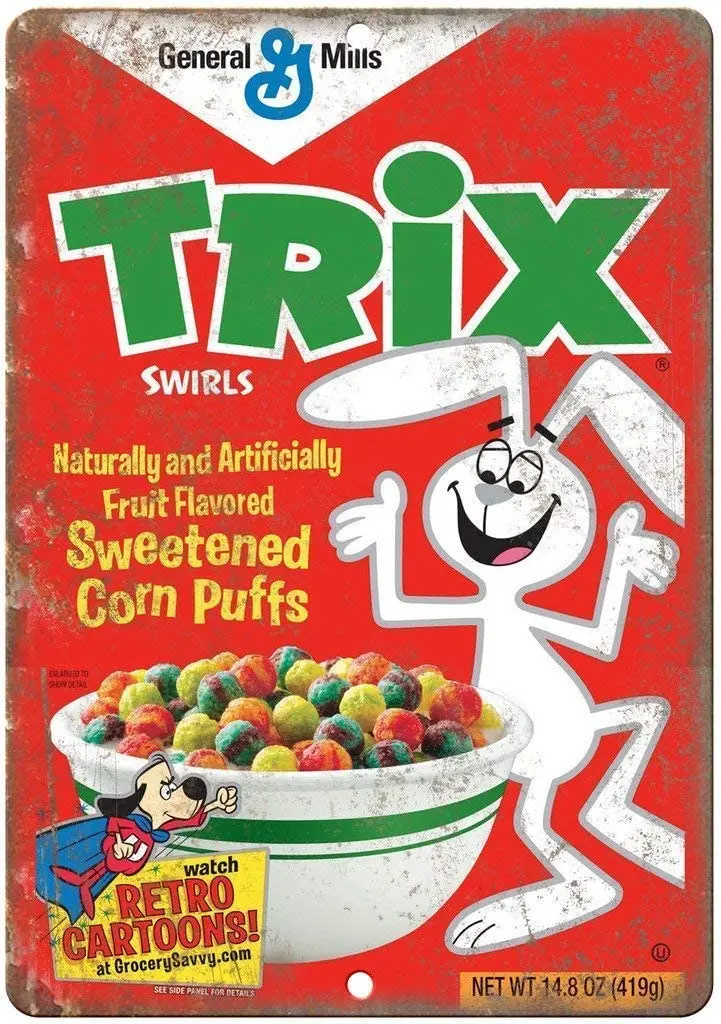 Fashionable Trix Cereal General Mills Vintage Box Art Retro Look 8X12 inchs Metal tin Sign
Fashionable Trix Cereal General Mills Vintage Box Art Retro Look 8X12 inchs Metal tin Sign