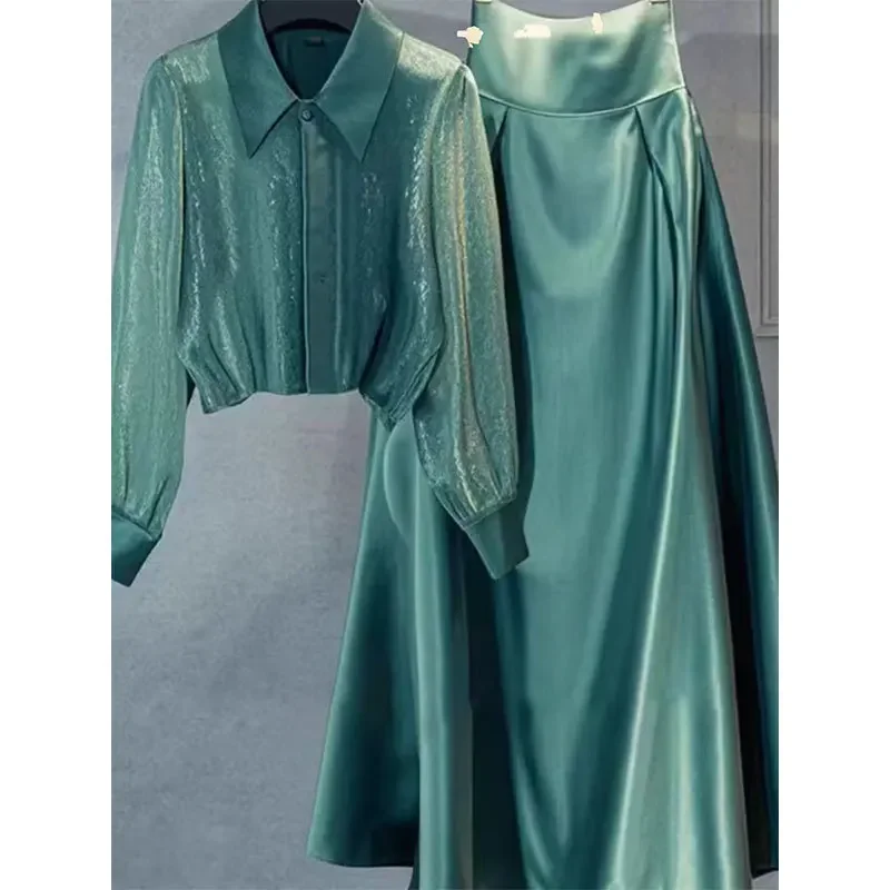 New High Quality Silk Satin Women's Two Piece Set Summer Elegant Lapel Long Sleeve Shirt Tp[ + A-Line Midi Skirt Party Suit
New High Quality Silk Satin Women's Two Piece Set Summer Elegant Lapel Long Sleeve Shirt Tp[ + A-Line Midi Skirt Party Suit