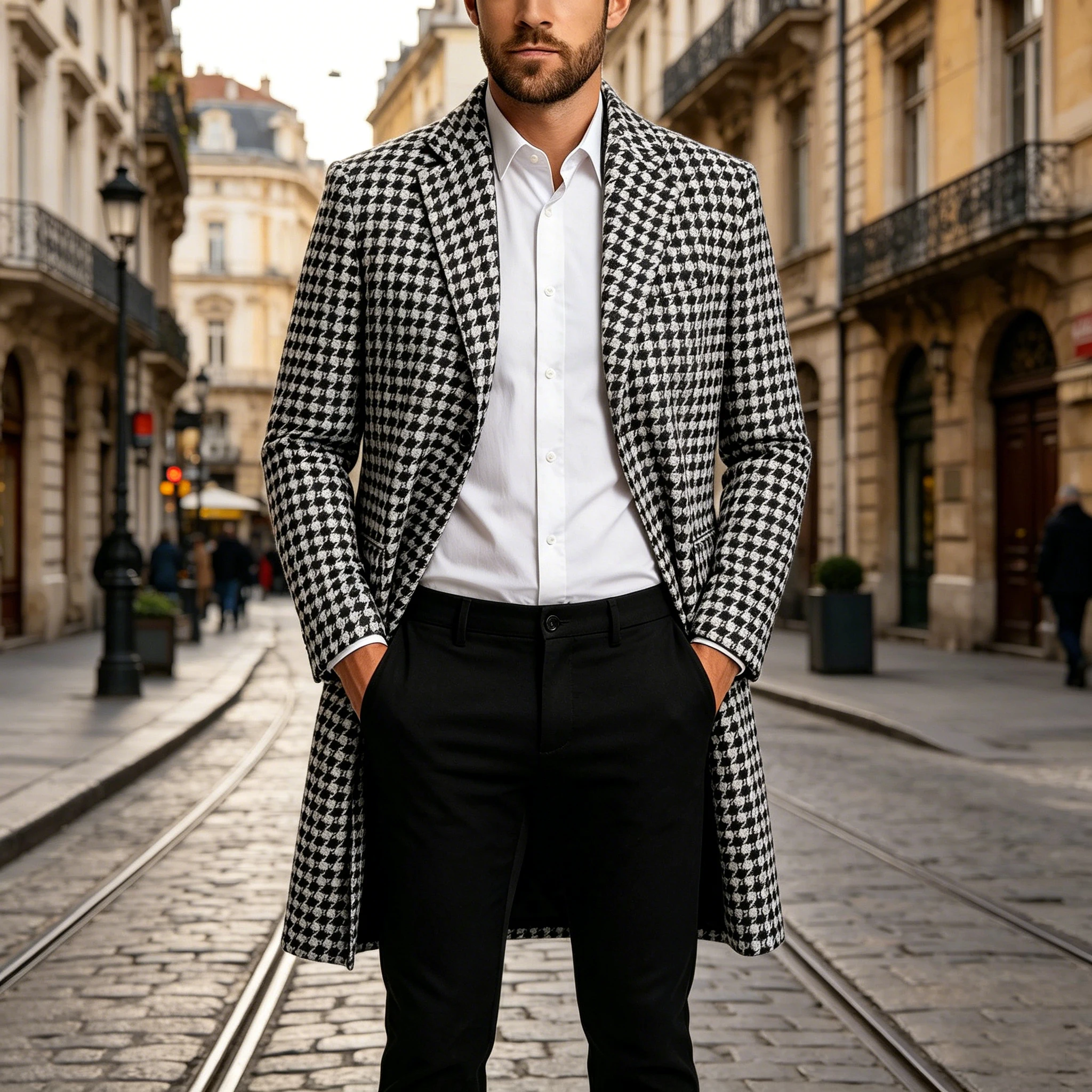 Men's Houndstooth Wool Overcoat Notched Lapel Single Breasted Mid-Length Trench Coat Business Casual Plaid Blazer Autumn Winter
Men's Houndstooth Wool Overcoat Notched Lapel Single Breasted Mid-Length Trench Coat Business Casual Plaid Blazer Autumn Winter