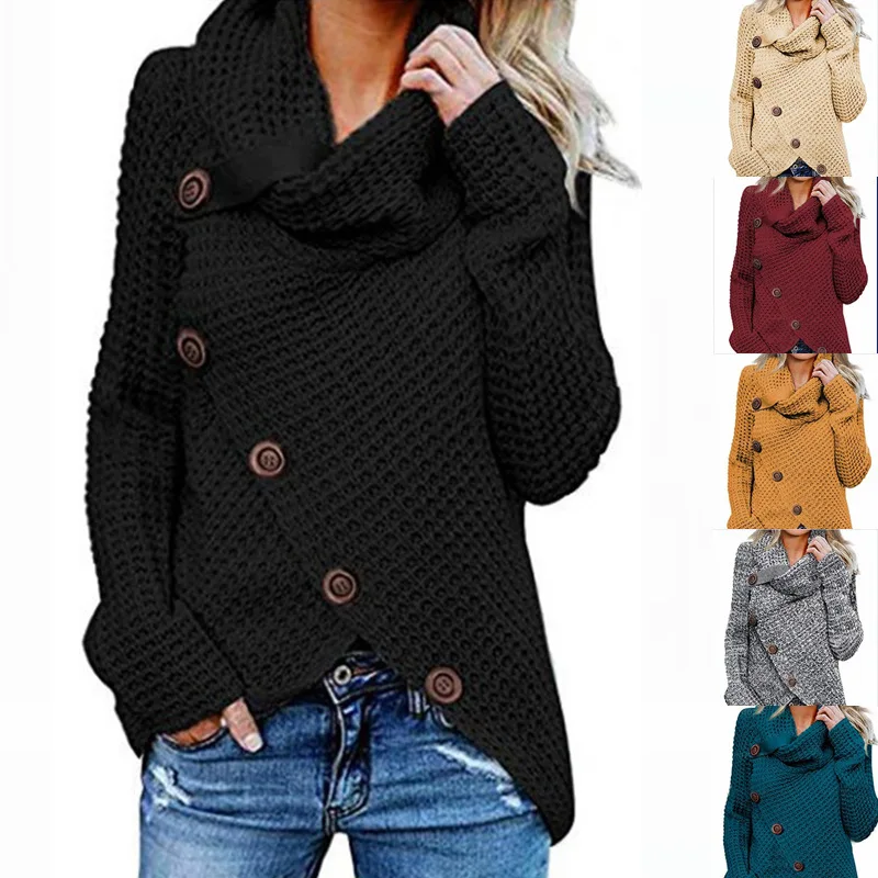 Women Autumn Winter New New High-neck Long-sleeved Irregular Diagonal Button Sweater Knitted Pullover Top Solid Color
Women Autumn Winter New New High-neck Long-sleeved Irregular Diagonal Button Sweater Knitted Pullover Top Solid Color