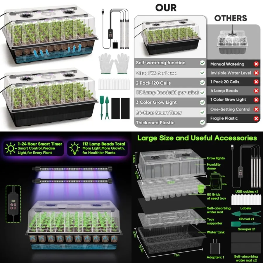 120-Cell Self-Watering Seed Starter Tray with Grow Light, 1-24H Timer, Seed Starter Kit with 4.02" Humidity Dome, Seedling Tray
120-Cell Self-Watering Seed Starter Tray with Grow Light, 1-24H Timer, Seed Starter Kit with 4.02" Humidity Dome, Seedling Tray